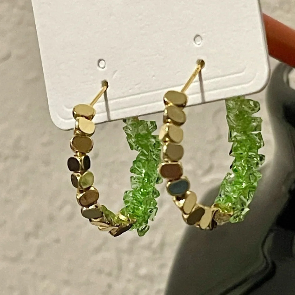 New! Retro Style Copper Crystal Hematite Earrings Green & Gold Huggie - Picture 2 of 4